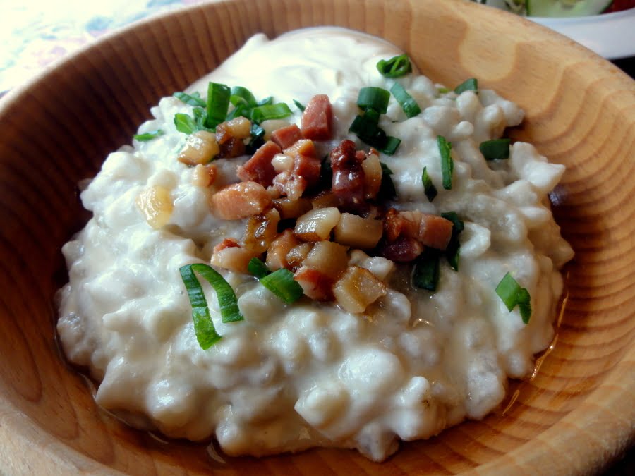 traditional Slovak bryndzove halusky - sheep's cheese and gnocchi