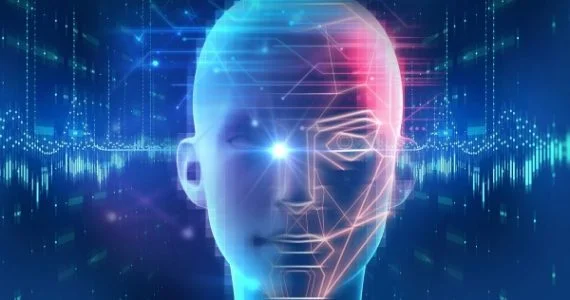 AI face with biometric graphics